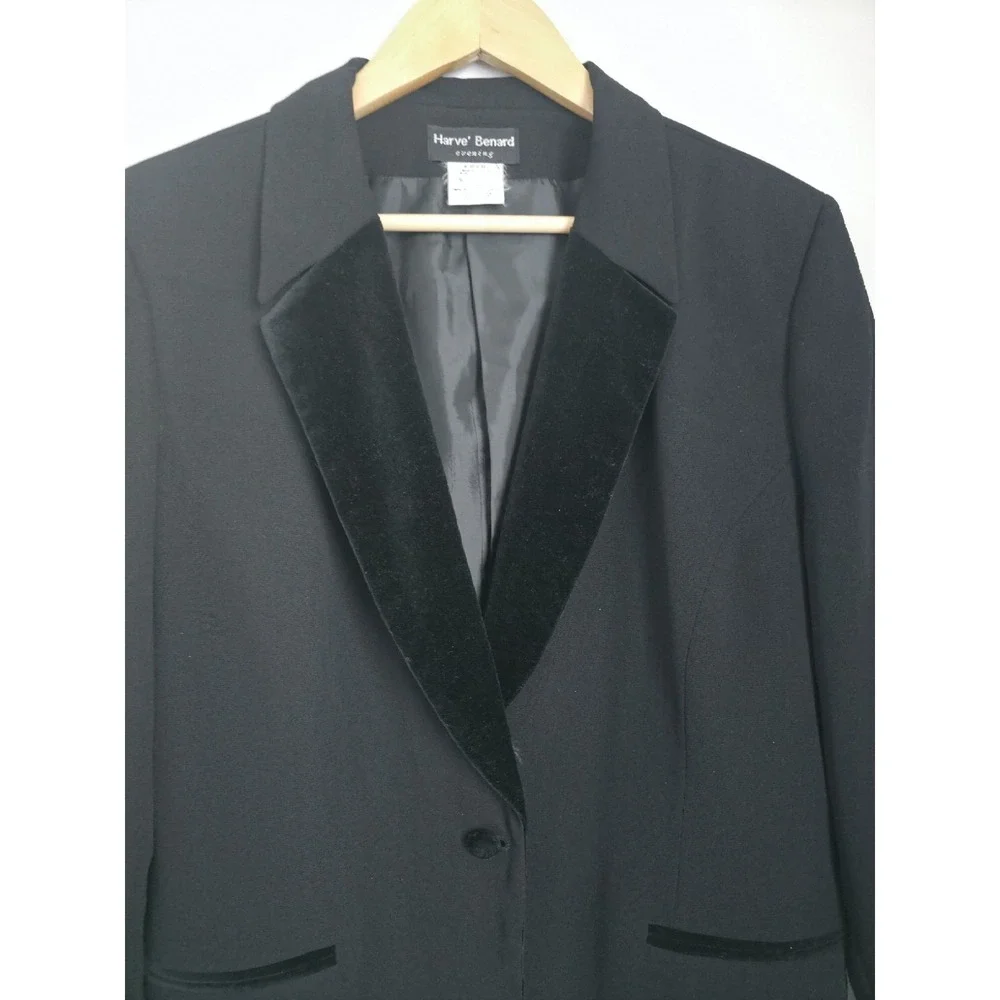 Vintage 90s Harve Benard Black Tuxedo Blazer Women L Velvet Trim Classic